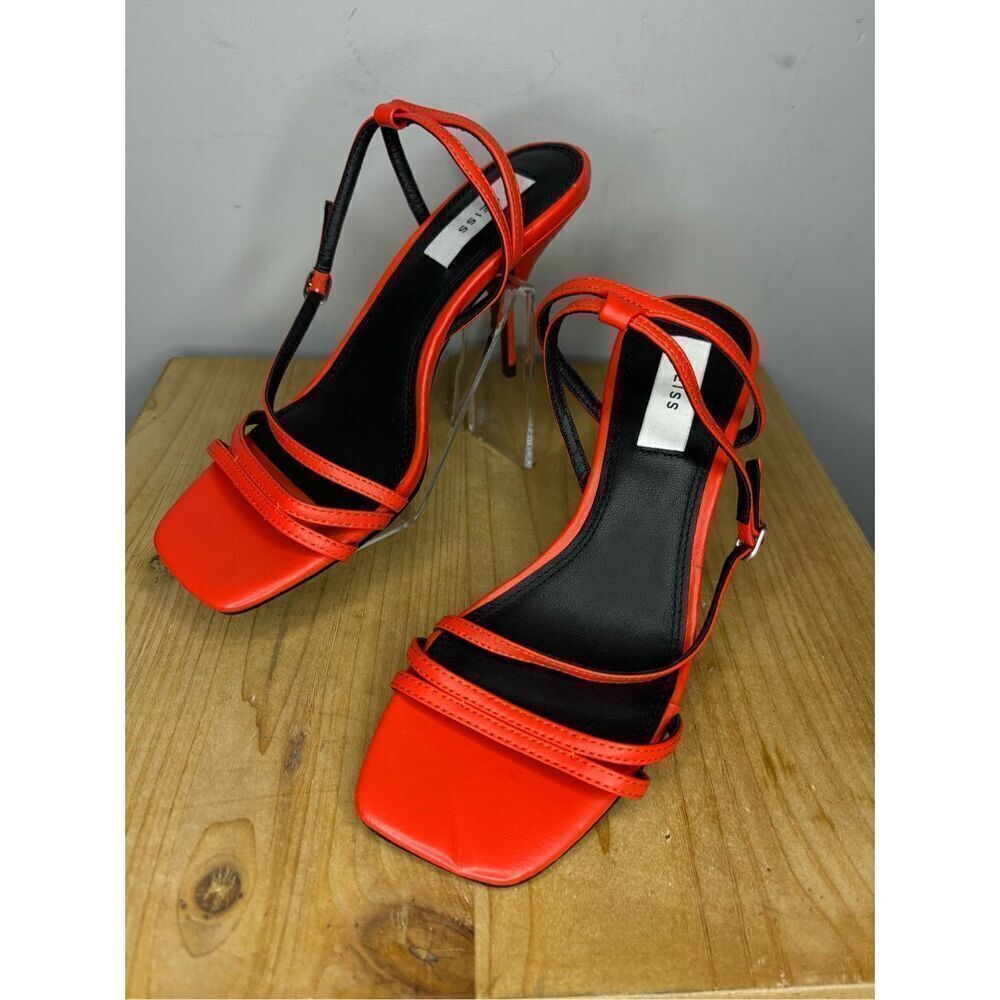 Reiss‎ Women's Bali Leather Square Toe Strappy Heeled Sandals Orange Size 6